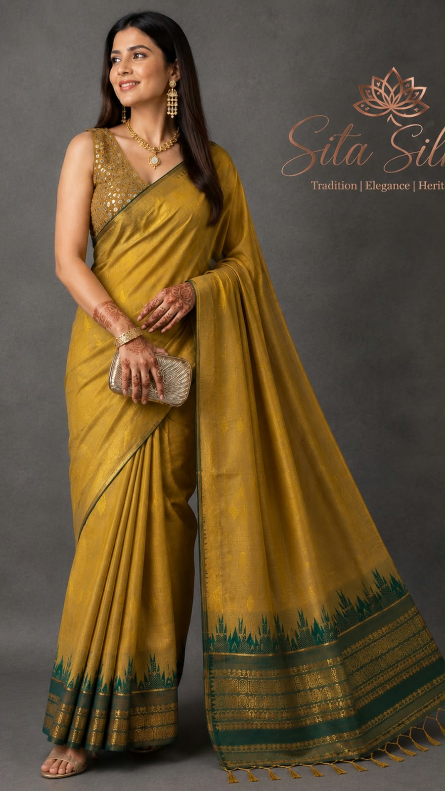 Kanchi Cotton KC-001 — Mustard with green border
