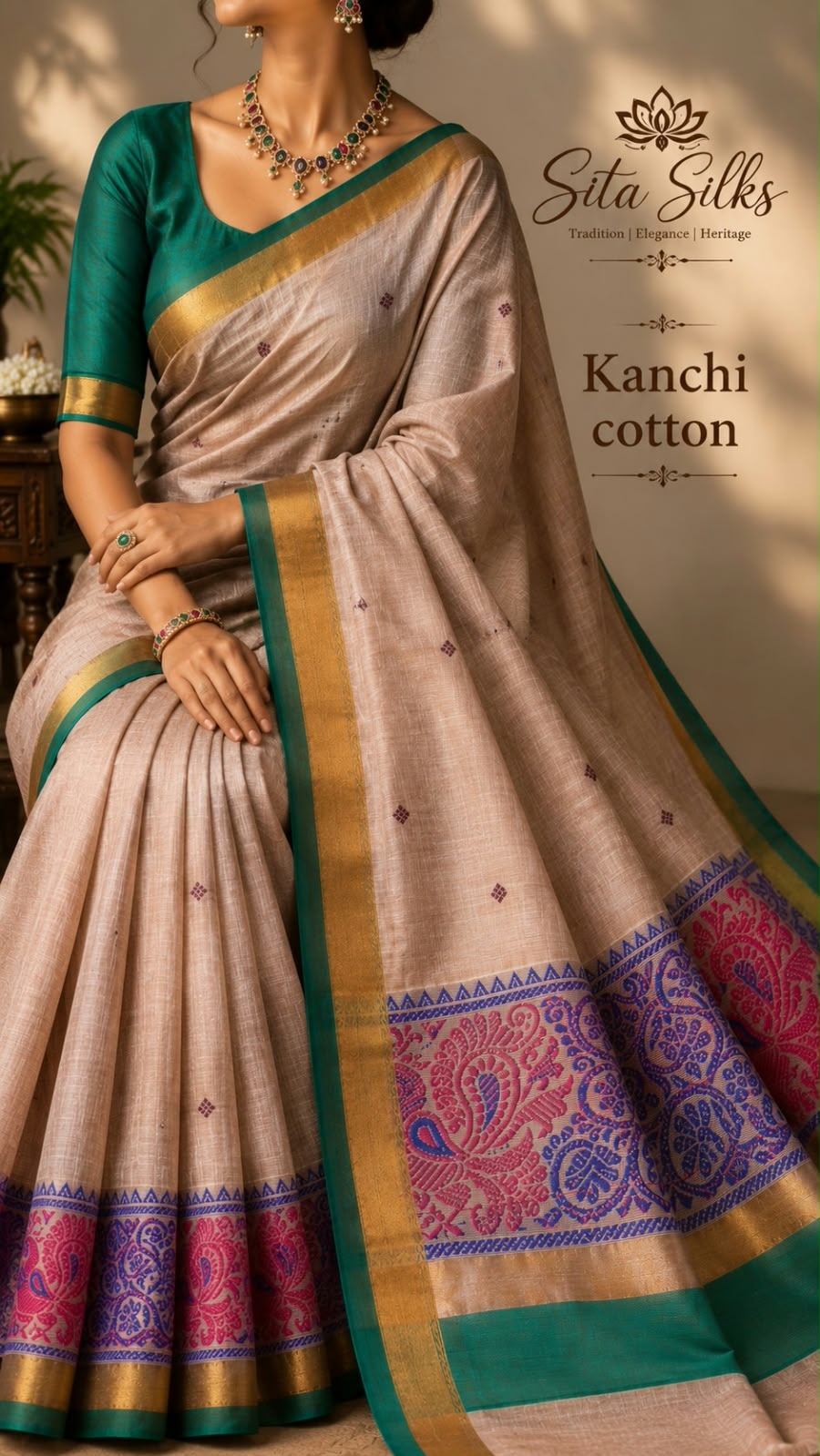 Kanchi Cotton KC-002 — Beige with green border
