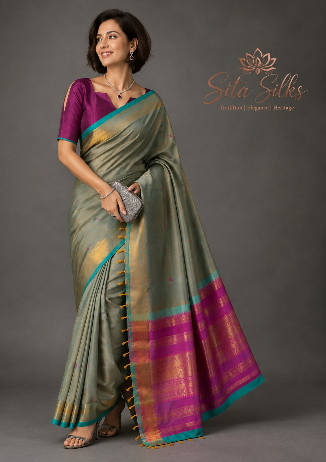 Kanchi Cotton KC-003 — Grey-green with magenta border