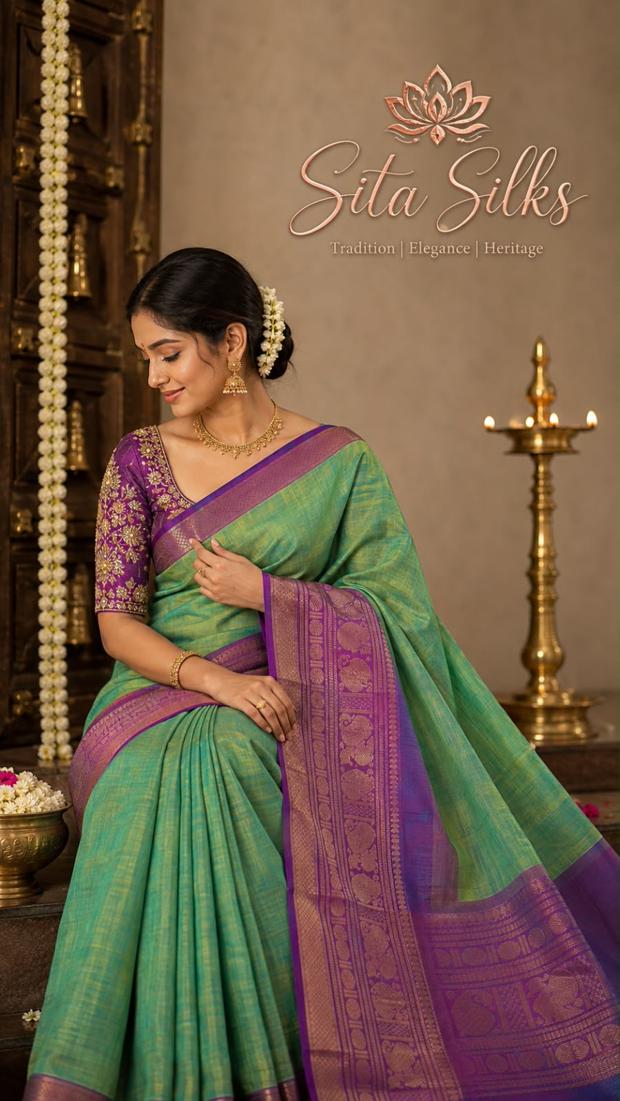 Kanchi Cotton KC-005 — Green with purple border
