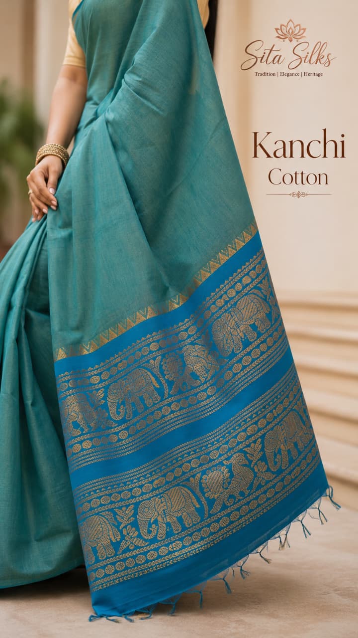 Kanchi Cotton KC-006 — Teal with elephant motifs
