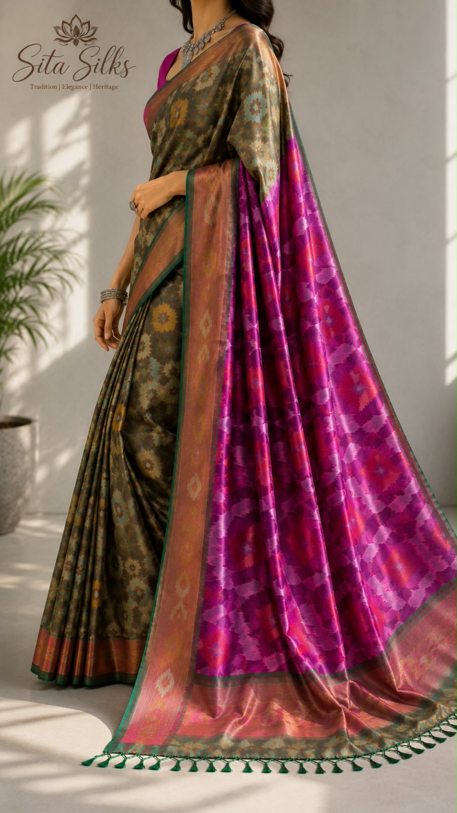 Pochampally PI-001 — Olive with magenta pallu — view 1