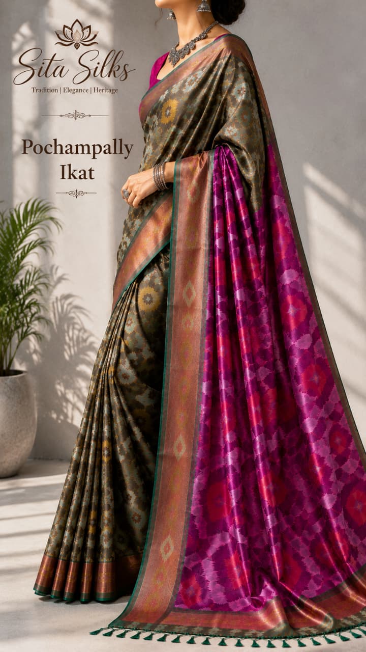 Pochampally PI-001 — Olive with magenta pallu — view 2
