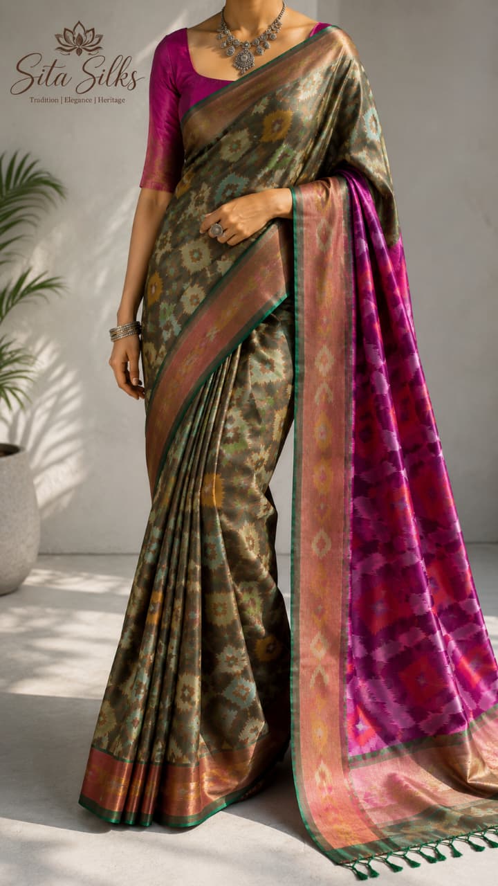 Pochampally PI-001 — Olive with magenta pallu — view 3