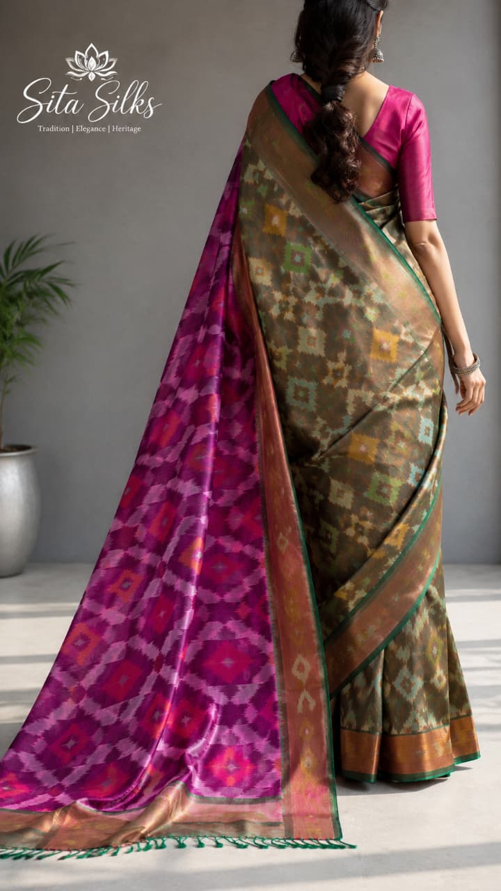 Pochampally PI-001 — Olive with magenta pallu — view 4